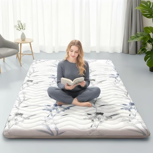 SCHNAUZER HOME Japanese Floor Mattress, 3.5" Thicken Ink Wash Floral Pattern Portable Futon Mattress, 100% High-Density Foam Tatami Mat Sleeping Pad for Camping Guest Room Dormitory RV, White, Full - color: Ink Wash White, size: Full( 80 x 54)