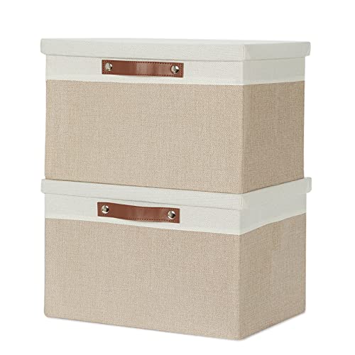 Temary Foldable Storage Bins with Lids, [2-Pack] Large Storage Baskets with Lid, Fabric Storage Bin for Organizing Home (White & Khaki, 15x11x9.5inch) - color: White&Khaki, size: 15×11×9.5