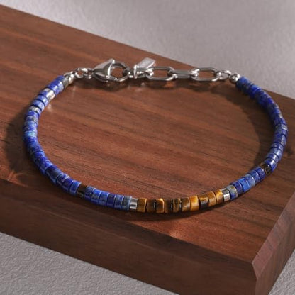 SAMYA Natural Lapis Lazuli Beaded Bracelet for Men – Deep & undyed Lapis Lazuli, 4 ×2mm Heshi Stones, Adjustable Stainless-Steel Clasp