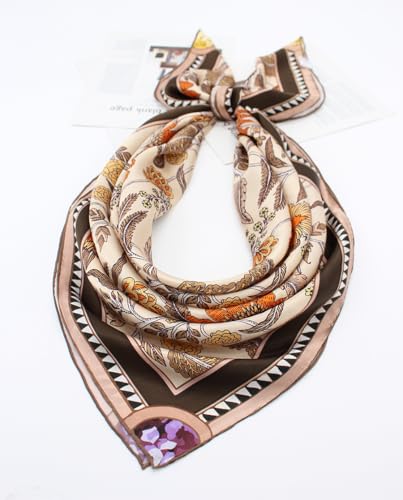 ANDANTINO 100% Silk Scarf 43" Large Square Lightweight Headscarf& Shawl–Women Hair Wraps-With Gift Packed - color: Floral-light Brown