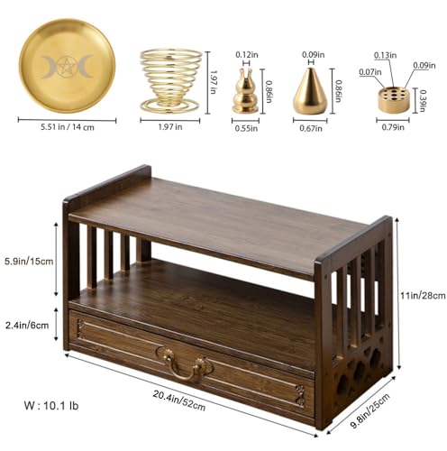 Altar Table with Drawer,Puja Table for Home,Perfect Used for Meditation, Prayers, Bamboo Furniture for Displaying Jars, Plants and Books (Walnut Color, 20.4x9.8x11 in, with Incense Burner 5Pcs Set)