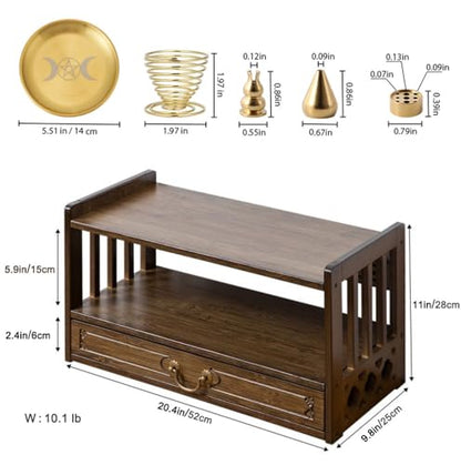 Altar Table with Drawer,Puja Table for Home,Perfect Used for Meditation, Prayers, Bamboo Furniture for Displaying Jars, Plants and Books (Walnut Color, 20.4x9.8x11 in, with Incense Burner 5Pcs Set)