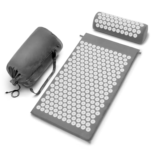 Sivan Health and Fitness Acupressure Mat and Pillow Set - Grounding Mat for Stress, Back & Neck Pain - Acupuncture Point Massage Mat for Muscle Relaxation, Sciatica, & Meditation - Includes Carry Bag - color: Gray/White, size: Large