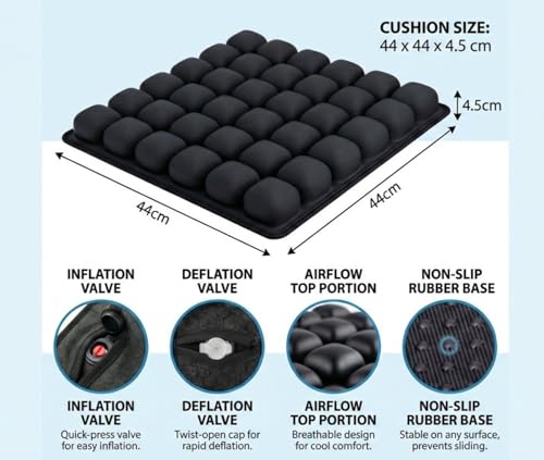 Inflatable Seat Cushion for Long Sitting – No External Pump Required (Inflates Using a Built-in air Valve), Adjustable Air Cushion for Office Chair, Airplane Travel, Car & Wheelchair