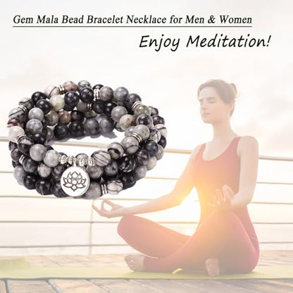 Mala Bead Strand Bracelet, 108 Buddhist Prayer Beads Yoga Meditation Green Malachite Beads Necklace Women man - style: Black Netstone