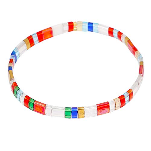 Summer Candy Colors Tila Flat Seed Beads Stretch Strand Bracelet for Women- Trendy Unique Friendship Handmade Mixed Colorful Square Beaded Link Bracelets Stackable Jewelry Gifts - color: 0001A