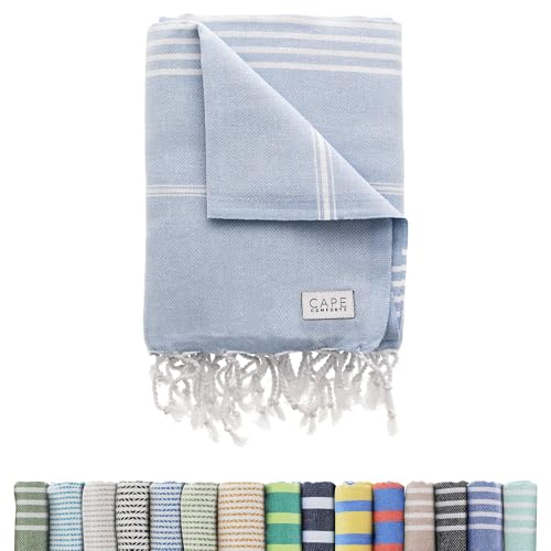 Large Turkish Beach Towel, Classic Powder Blue - Super Soft & Lightweight Quick Dry Absorbent Towels for Beach, Picnic Blanket or Bath Towel - Sand Free Organic Turkish Cotton Yarn