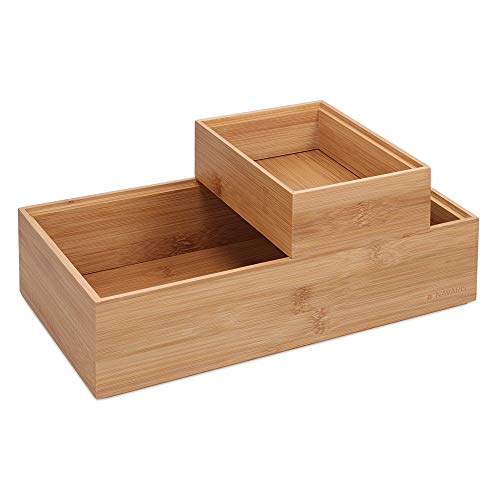 Navaris Bamboo Storage Boxes - Set of 2 Wood Stackable Box Organizers for Bedroom, Kitchen, Bathroom, Living Room, Makeup, Jewelry, Accessories - color: Brown