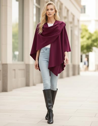 Womens Open Front Poncho Sweater Wrap Topper Knitted Elegant Shawls Cape for Spring Fall Winter - color: Series 1-burgundy