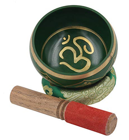 DharmaObjects Relaxing Yoga Meditation Om Peace Singing Bowl/Silk Cushion/Rosewood Mallet Set (Medium, Green) - color: Green, size: Medium