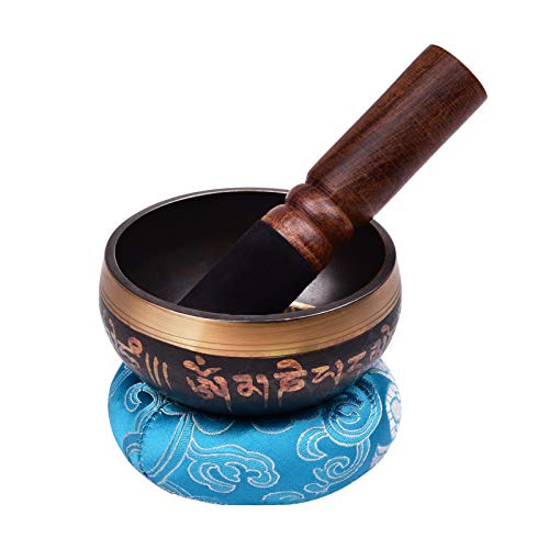 Tibetan Singing Bowl Set with 9.5cm/3.7inch Handmade Metal Sound Bowl & Soft Cushion(Random Color Delivery) & Wooden r for Meditation Sound Chakra Healing Yoga Relaxation