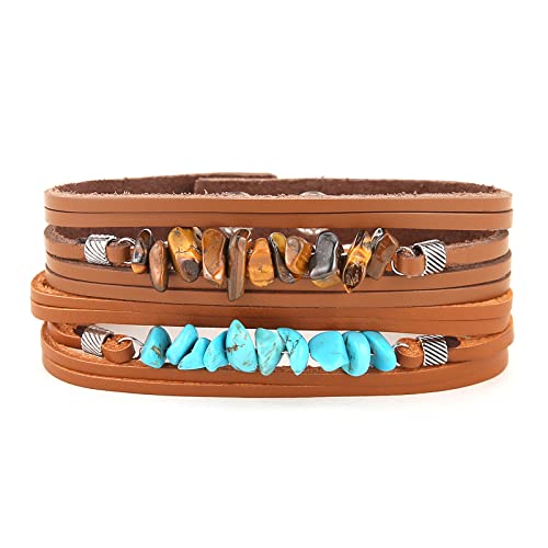 HZMAN Wrap Bracelets Men Women, Hemp Cords Wood Beads Ethnic Tribal Bracelets, Leather Wristbands - style: Turquoise Gravel