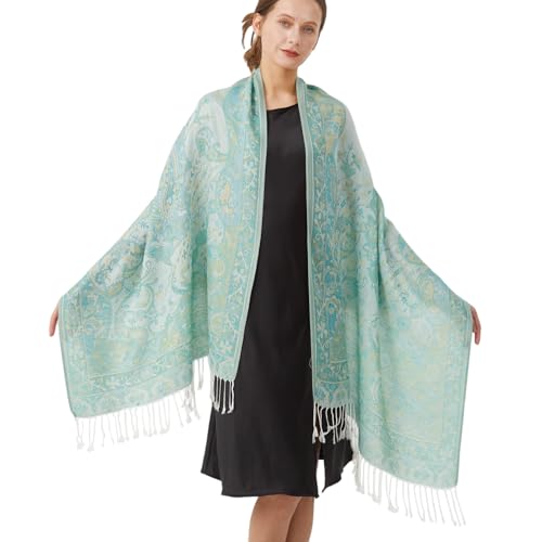 Paisley Pashmina Rave Shawl Scarf-Women's Reversible Ethnic Jacquard Pashmina Wraps for Travel - color: A#. Mint Green