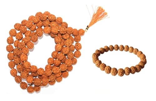 Natural Rudraksha Mala 108 Beads with Tassel & Matching Rudraksha Bracelet | Spiritual Prayer Meditation Japa Necklace for Yoga, Healing & Puja