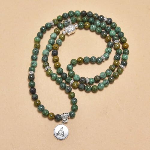108 Mala Beads Bracelet/Necklace with Buddha Charm – Meditation Beads, Yoga Jewelry, Prayer Beads, Zen Necklace – Ideal Gift for Spiritual Practice - style: African Turquoise