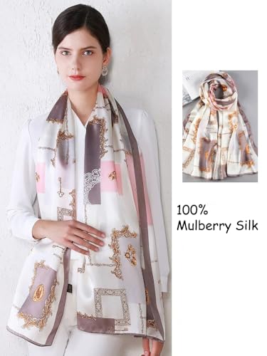 100% Mulberry Silk Long Scarf for Women Large Shawls for Headscarf and Neck- Oblong Hair Wraps with Gift Packed - color: Chains-pink&gray
