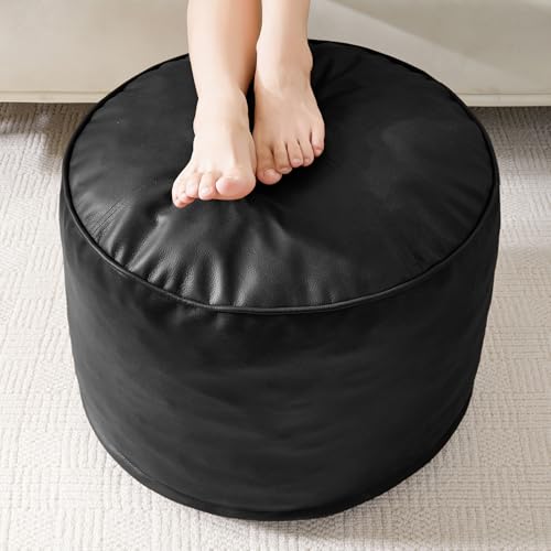 HIGOGOGO Round Stuffed Pouf Ottoman, Pu Leather Poufs with Foam Chunk Filling, Furry and Fluffy Pouf Foot Stool Storage Ottoman, 26 X 18 Floor Poufs Foot Rest for Living Room, Black - color: Black, size: 26"D x 26"W x 18"H