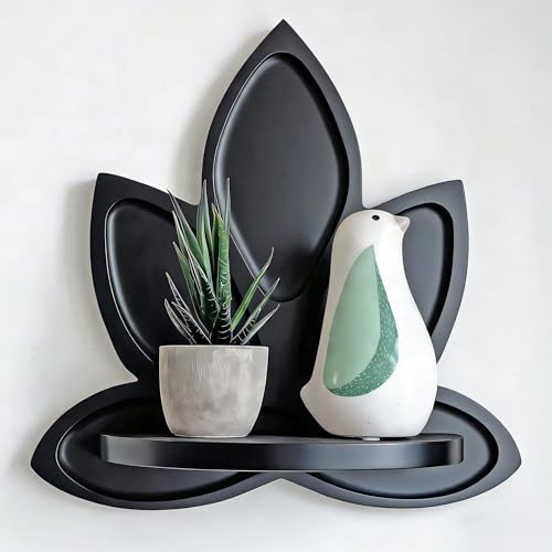 Small Black Carved Lotus Flower Wooden Floating Wall Shelf, Boho Zen Spiritual Home Decor for Office, Living Room, Bedroom, Yoga & Meditation Space - color: Black