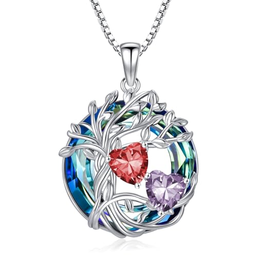 TOUPOP s925 Sterling Silver Family Celtic Tree of Life Pendant Necklaces with 2 Heart Birthstone with Blue Austrian Crystal Jewelry Birthday Valentines Day Gifts for Her, Anniversary Christmas Gifts for Wife Girlfriend Mom (18K Real White Gold Filled) - c