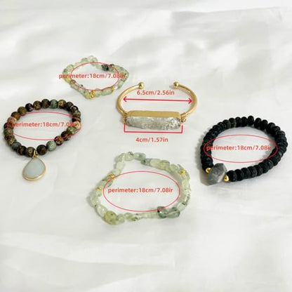 5PCS Natural Boho Beaded Bracelets Bangle for Women Men,Healing Turquoise Jasper Agate Crystal Gemstone Stone Chakra Multilayer Wrap Bohemian Handmade Jewelry Beads Stretch Bracelet Set - color: Grey Green