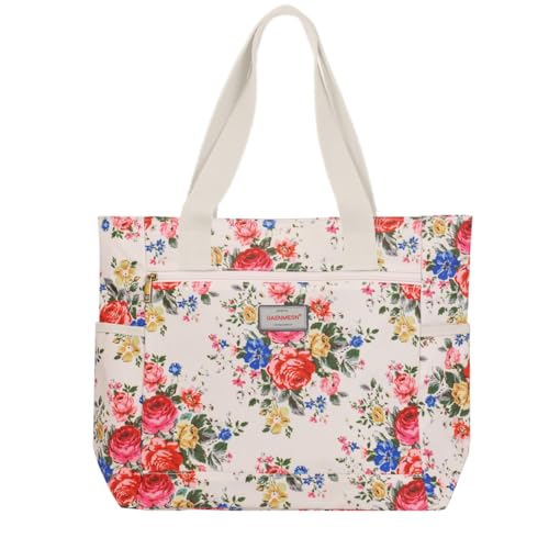 GAENMESN Women's Lightweight Waterproof Tote Bag Durable Designer Handbag with Zipper Travel Commute Everyday Use - color: Beige Flower