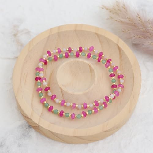 Gold Beaded Gemstone Bracelets for Women, Boho Handmade Stackable Natural Stone Labradorite Beads Bracelet Prom Jewelry Gift. - color: Beige Pink