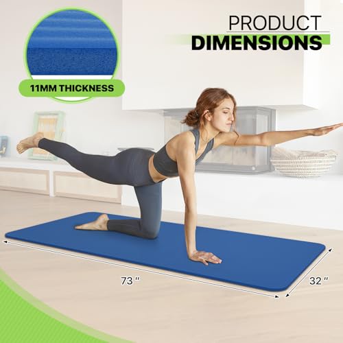 Yoga Mat 11mm Extra Thick TPE Pilates Mat 73"L x 32"W, Non-Slip, Odorless & Tear-Resistant with Carrying Strap, Unisex Design for Home Gym, Floor Exercises, Meditation & Workouts