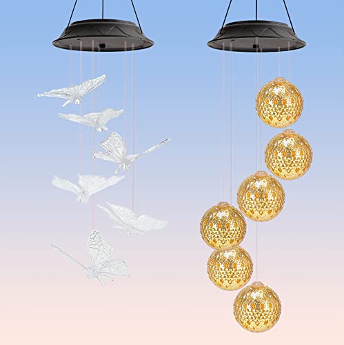 Solar Wind Chimes, 2 Pcs LED Automatic Color-Changing Wind Chimes Butterfly/Gold Metal, Hanging Decorative Wind Chime for Yard/Garden/Balcony/Home Decor, Gifts for Mom Grandma Women by HEGUD