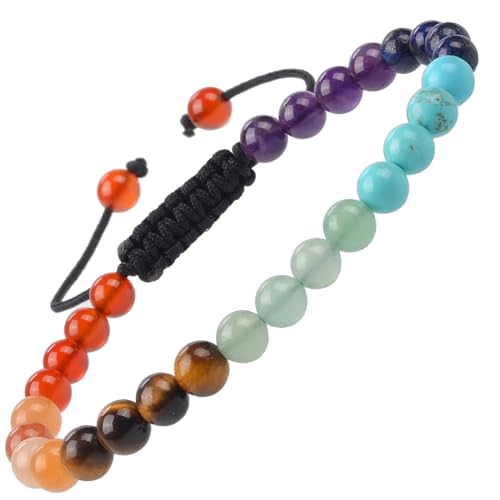 MASSIVE BEADS Natural Healing Power Gemstone Crystal Beads Unisex Adjustable Macrame Bracelets - color: 7-Chakra Stones, size: 6mm