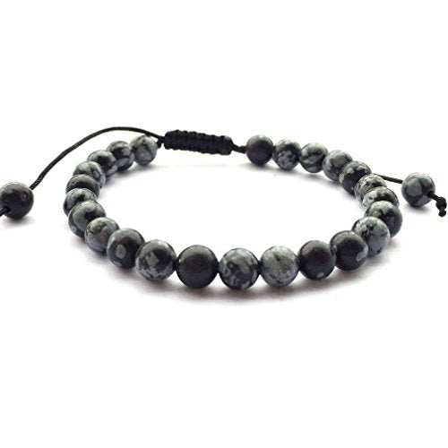 DOLON 6mm Round Stone Bead Braided Bracelet - color: Snowflake Obsidian bracelet