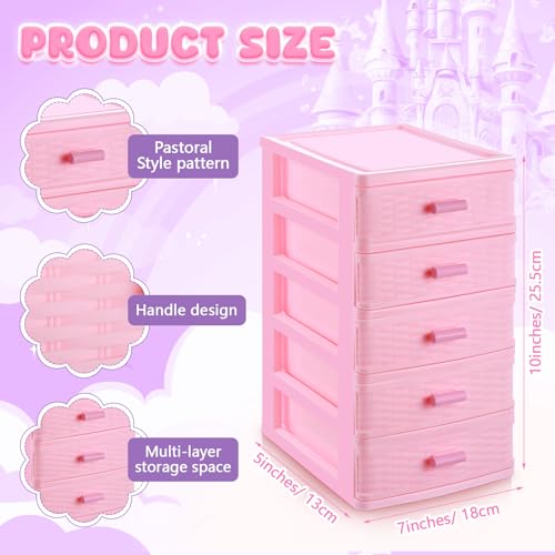 Pink Plastic Storage Drawers Desktop Storage Box Mini Drawer Organizer Necklace Jewelry Storage Case Cute Plastic Dresser for Girls Bathroom, Dorm, Desk, Home, 5 Layers