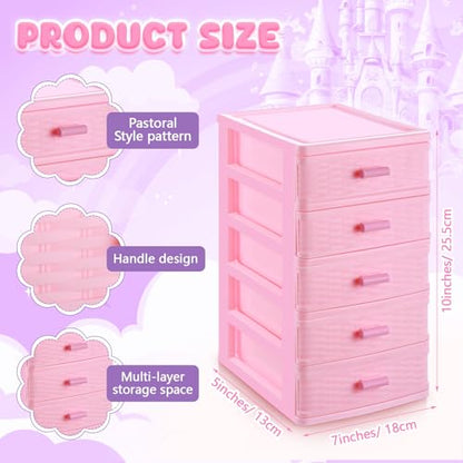 Pink Plastic Storage Drawers Desktop Storage Box Mini Drawer Organizer Necklace Jewelry Storage Case Cute Plastic Dresser for Girls Bathroom, Dorm, Desk, Home, 5 Layers