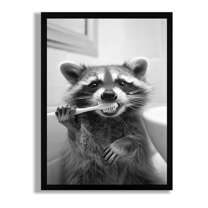 SYWENNOI Framed Black and White Bathroom Canvas Wall Art, Funny Raccoon Brushing Teeth Wall Decor, Farmhouse Humor Animal Art Prints for Restroom Decoration Ready to Hang 16x24 Inches