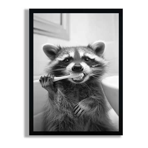 SYWENNOI Framed Black and White Bathroom Canvas Wall Art, Funny Raccoon Brushing Teeth Wall Decor, Farmhouse Humor Animal Art Prints for Restroom Decoration Ready to Hang 16x24 Inches