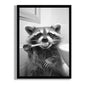SYWENNOI Framed Black and White Bathroom Canvas Wall Art, Funny Raccoon Brushing Teeth Wall Decor, Farmhouse Humor Animal Art Prints for Restroom Decoration Ready to Hang 16x24 Inches
