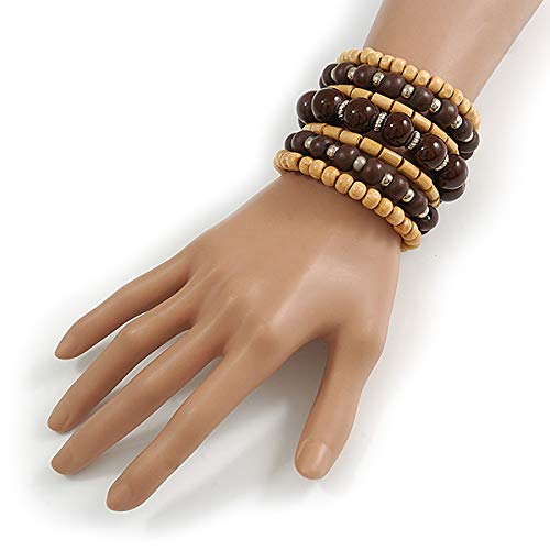 Avalaya Wide Coiled Ceramic, Acrylic, Wood Bead Bracelet (Brown, Natural) - Adjustable