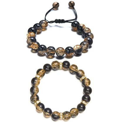 LANG XUAN Beaded Stretch Bracelets for Women Men Healing Crystal Stone Bracelet Bead Adjustable Unisex Gemstones Bracelets 10MM Weave Jewelry Gifts - color: 2pcs Black brown