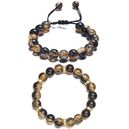 LANG XUAN Beaded Stretch Bracelets for Women Men Healing Crystal Stone Bracelet Bead Adjustable Unisex Gemstones Bracelets 10MM Weave Jewelry Gifts - color: 2pcs Black brown