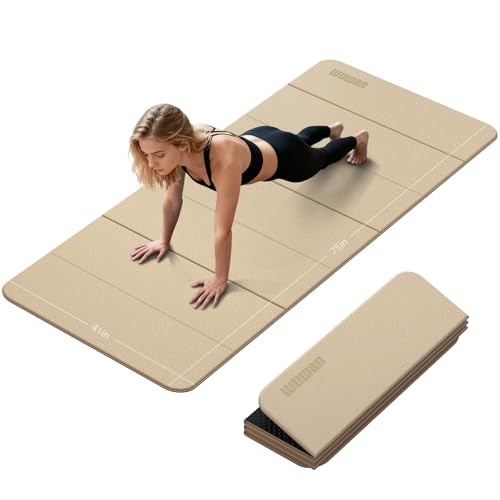 Foldable Yoga Mat Thick 10mm-WUWAN Extra Large Exercise Mat, TPE Material, Non-Slip Fitness Folding Mat Easy to Carry, Suitable for Home Workout Travel Pilates (75" x40",2/5") (Blue) - color: Beige