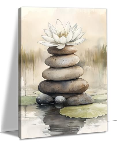 OAAPITI Zen Wall Art White Lotus on Stacked Stone Canvas Print Meditation Still Life Painting Pictures Peaceful Stone Floral Posters for Bathroom Bedroom Decoration(Artwork-2,20"x30") - color: Artwork-2, size: 30L" x 20W"