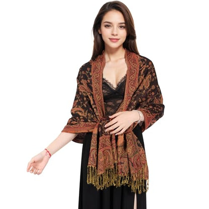 MUQU Women Pashmina Shawls and Wraps Scarf Soft Silky Reversible Paisley Scarves Shawl for Women - color: Black+red