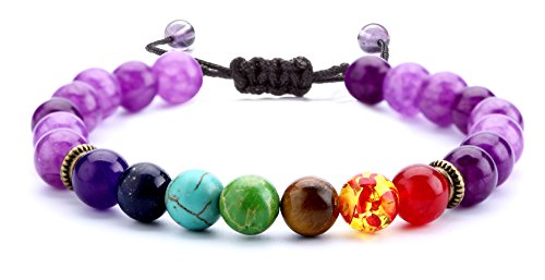 Men Women 8mm Lava Rock Beads Chakra Bracelet Braided Rope Natural Stone Yoga Bracelet Bangle - color: Amethyst Bead-21004
