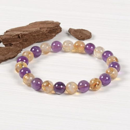 Justinstones Gem Semi Precious Gemstone 8mm Round Beads Stretch Bracelet 7 Inch Unisex - color: Amethyst Citrine