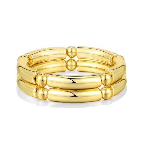 Gold Chunky Bangles Bracelets For Women 14k Gold Plated Stack Layered Curved Bamboo Tube Stretch Bracelets Gift Jewelry - color: 2pcs Gold-8mm