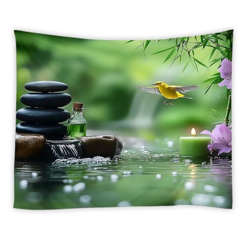 YSSFAV Japanese Garden Tapestry Zen Stone Bird Asian Spa Candle Green Meditation Wall Hanging Bedroom Living Room Dorm Decor,90" W x 60" H - size: 90"W X 60"H
