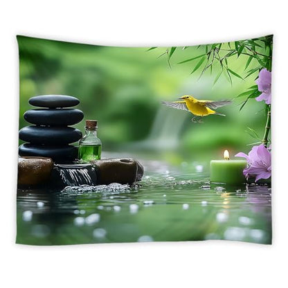 YSSFAV Japanese Garden Tapestry Zen Stone Bird Asian Spa Candle Green Meditation Wall Hanging Bedroom Living Room Dorm Decor,40" W x 30" H - size: 40"W X 30"H