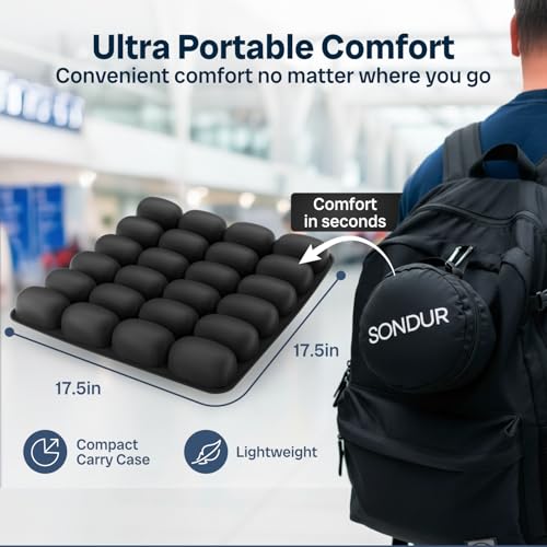 Sondur™ Travel Cushion – CloudAir Technology Airplane Seat Cushion – Inflatable Travel Cushion for Long Flights – Portable Air Cell Design, Puncture-Resistant Waterproof Pad – Black