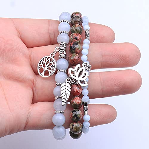 Tree of Life Yoga Healing Stone Bracelets,Multilayer Lotus Chakra Stone Reiki Bracelet Sets,Anxiety Crystal Natural Stone,for Women Stress Relief - style: Aquamarine + Flower Green