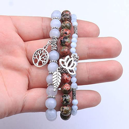 Tree of Life Yoga Healing Stone Bracelets,Multilayer Lotus Chakra Stone Reiki Bracelet Sets,Anxiety Crystal Natural Stone,for Women Stress Relief - style: Aquamarine + Flower Green