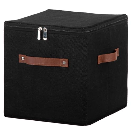 11inch Storage Boxes Cubes with Zipper Lid Collapsible Fabric Lidded Storage Bins Baskets PU Leather Handle Cotton Linen Decorative Shelf Closet Organizer Container (Black, 1PCS) - color: Black, size: 11 in (Set of 1)